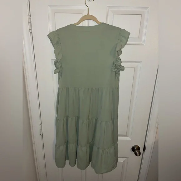 Spring Ruffle Layered V Neck Midi Dress Light Green - Picture 5 of 6
